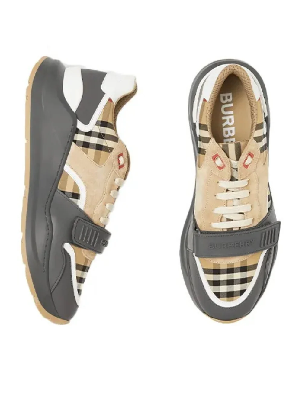 Burberry Ramsey Vintage Check Suede Leather Trainers Grey Archive Beige - Image 3