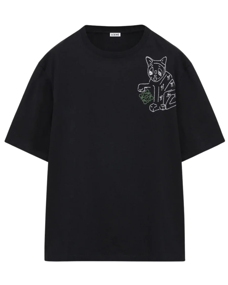 Loewe Anagram Lucky Cat Embroidery T-Shirt Black