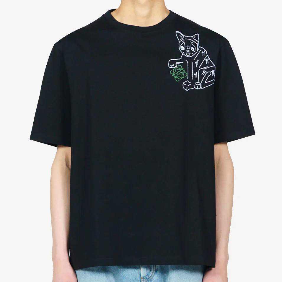 Loewe Anagram Lucky Cat Embroidery T-Shirt Black - Image 3